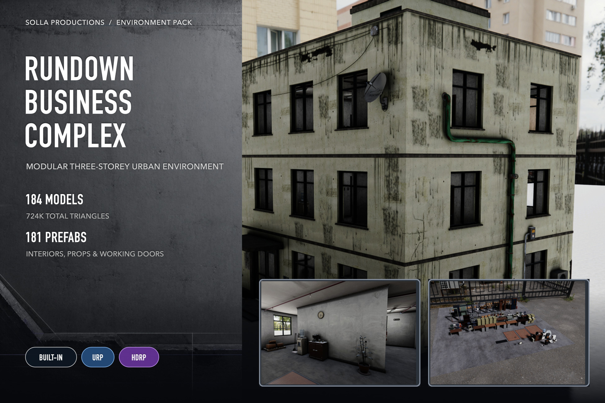 HD Rundown Business Complex, modular three-storey urban environment